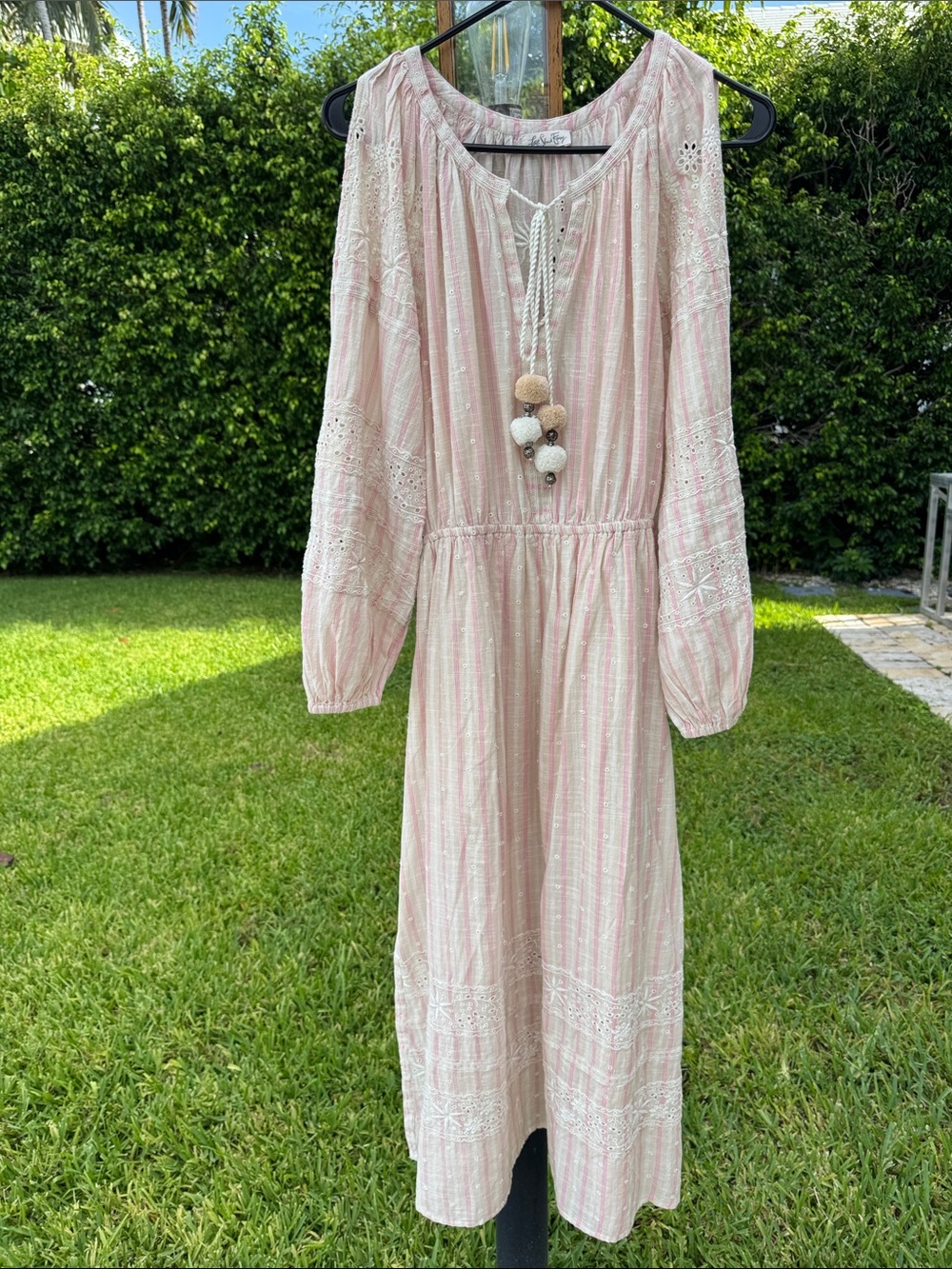 LoveShackFancy Isla Dress Pale Pink Embroidered Midi Pom Pom Tassels Slits Small - Picture 2 of 15
